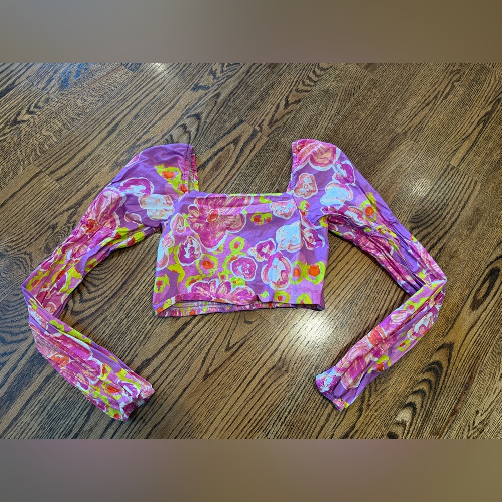 Alivia Floral Sugar Plum Crop Top Purple Pink Longsleeve Feminine Size XS smock